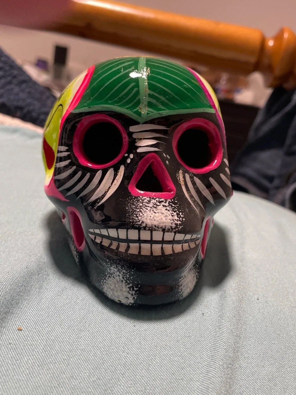 Hand-Painted Decorative Ceramic Skull - Black with Green and Pink Accents